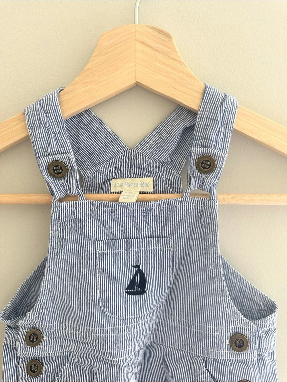 JoJo Maman Bébé Sailboat Stripe Short Overalls, 6–12M, Navy Blue White